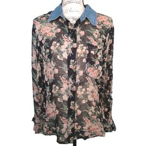 Vintage 80's Accomplice Rose Floral Sheer Button Down Denim Collar Blouse Size M